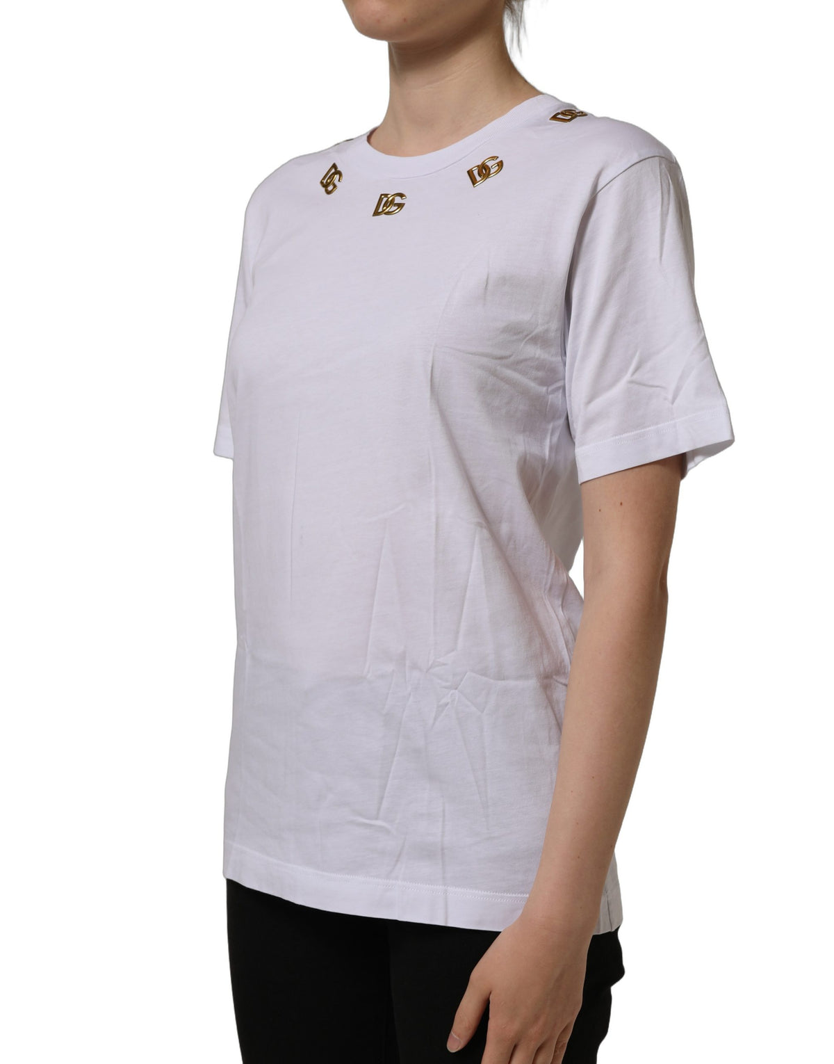 T-shirt ras-du-cou Dolce & Gabbana en coton blanc avec logo DG doré