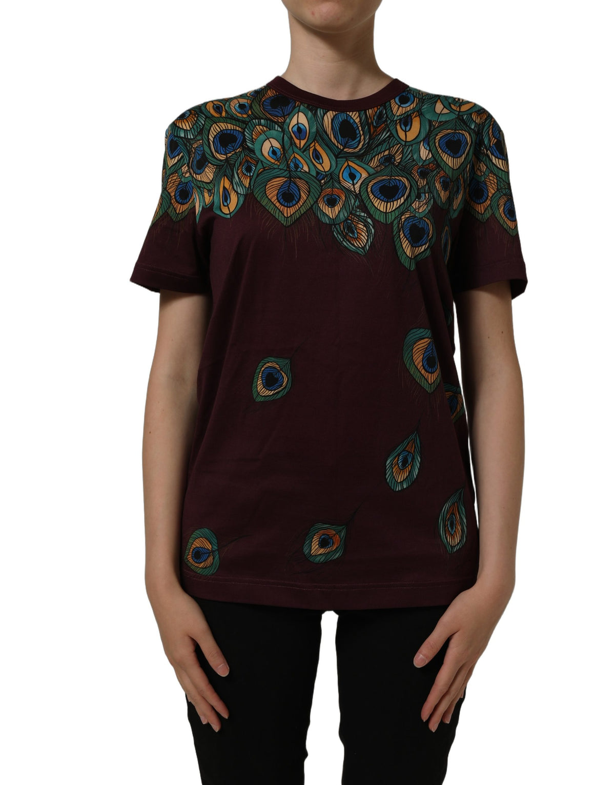 T-shirt Dolce & Gabbana Col Rond Plumes de Paon Bordeaux