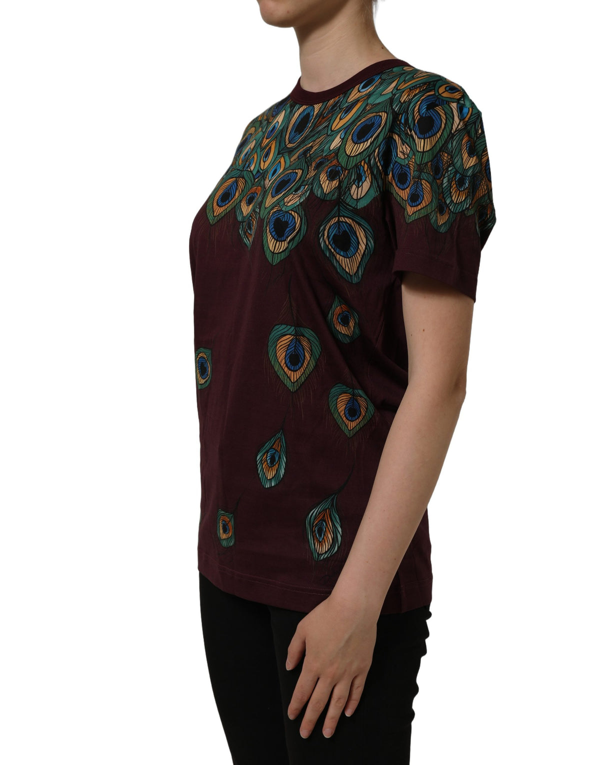 T-shirt Dolce & Gabbana Col Rond Plumes de Paon Bordeaux