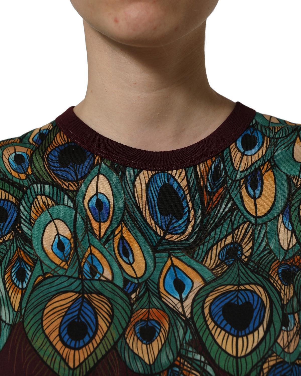 T-shirt Dolce & Gabbana Col Rond Plumes de Paon Bordeaux