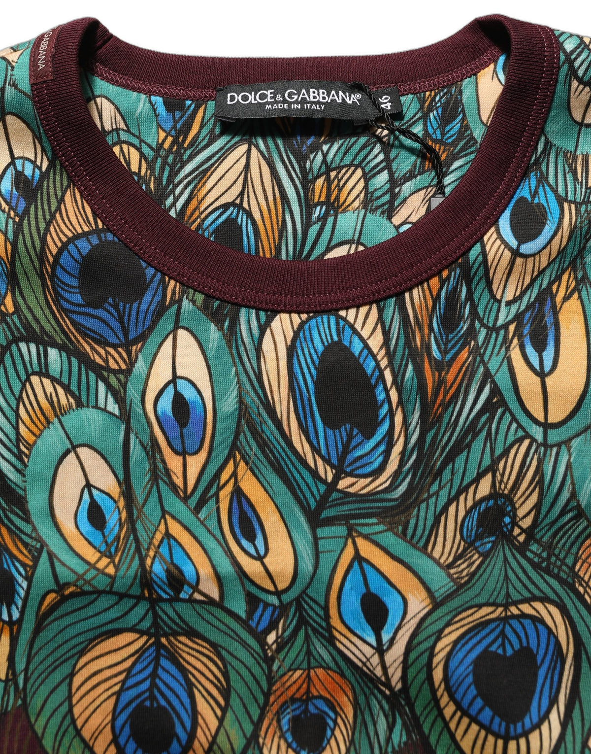 T-shirt Dolce & Gabbana Col Rond Plumes de Paon Bordeaux