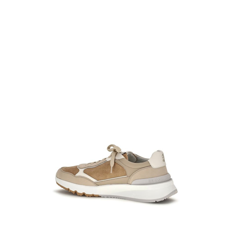Brunello Cucinelli Beige Calf Leather Bos Taurus Low Top Sneakers
