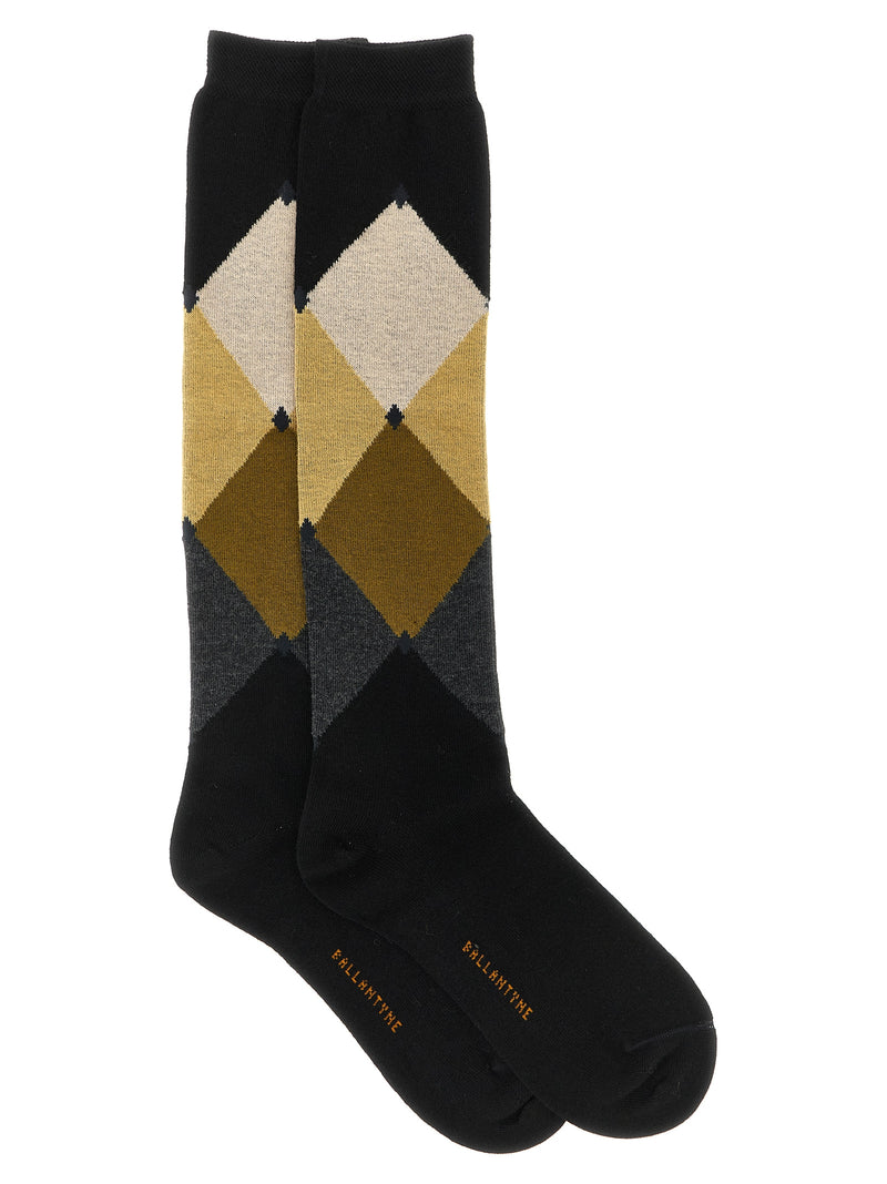 Ballantyne Black Cotton Knee Socks with Argyle Design