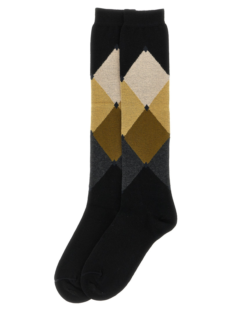 Ballantyne Black Cotton Knee Socks with Argyle Design