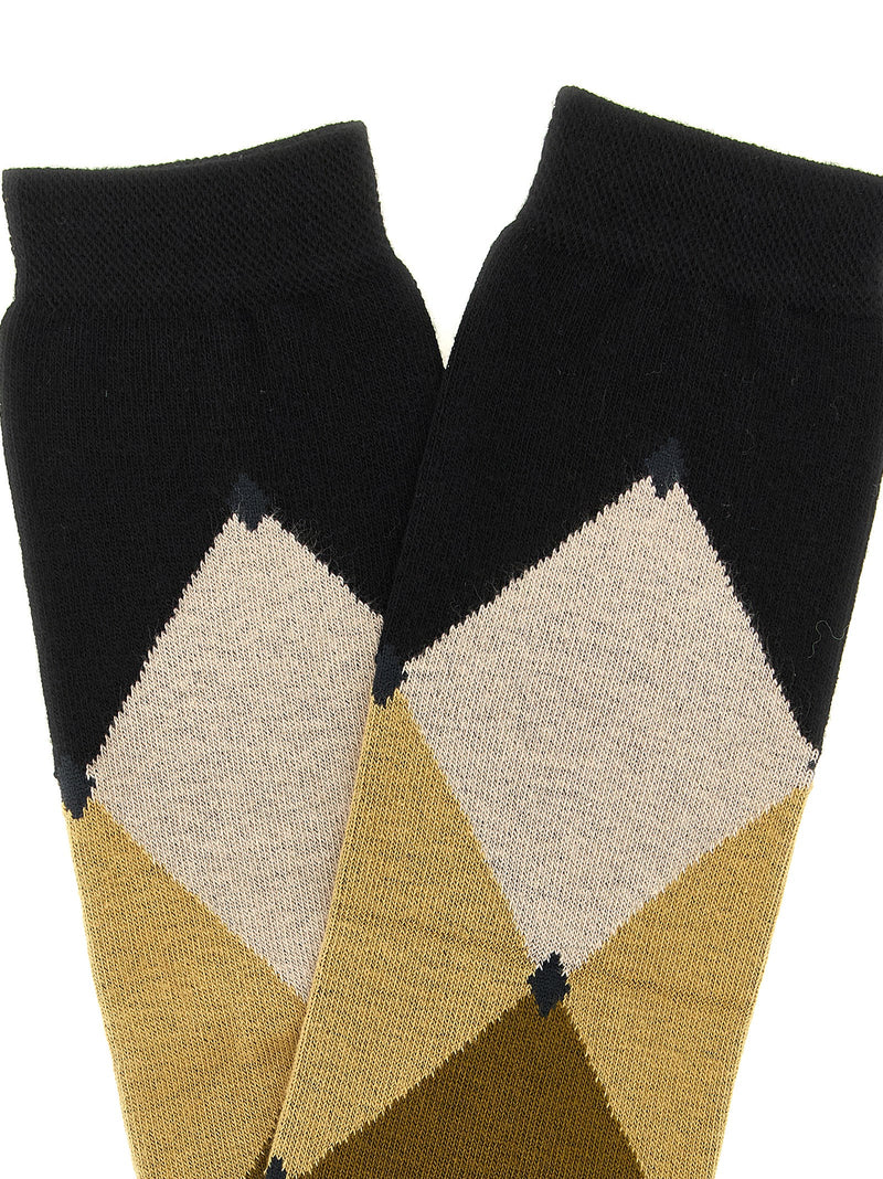Ballantyne Black Cotton Knee Socks with Argyle Design