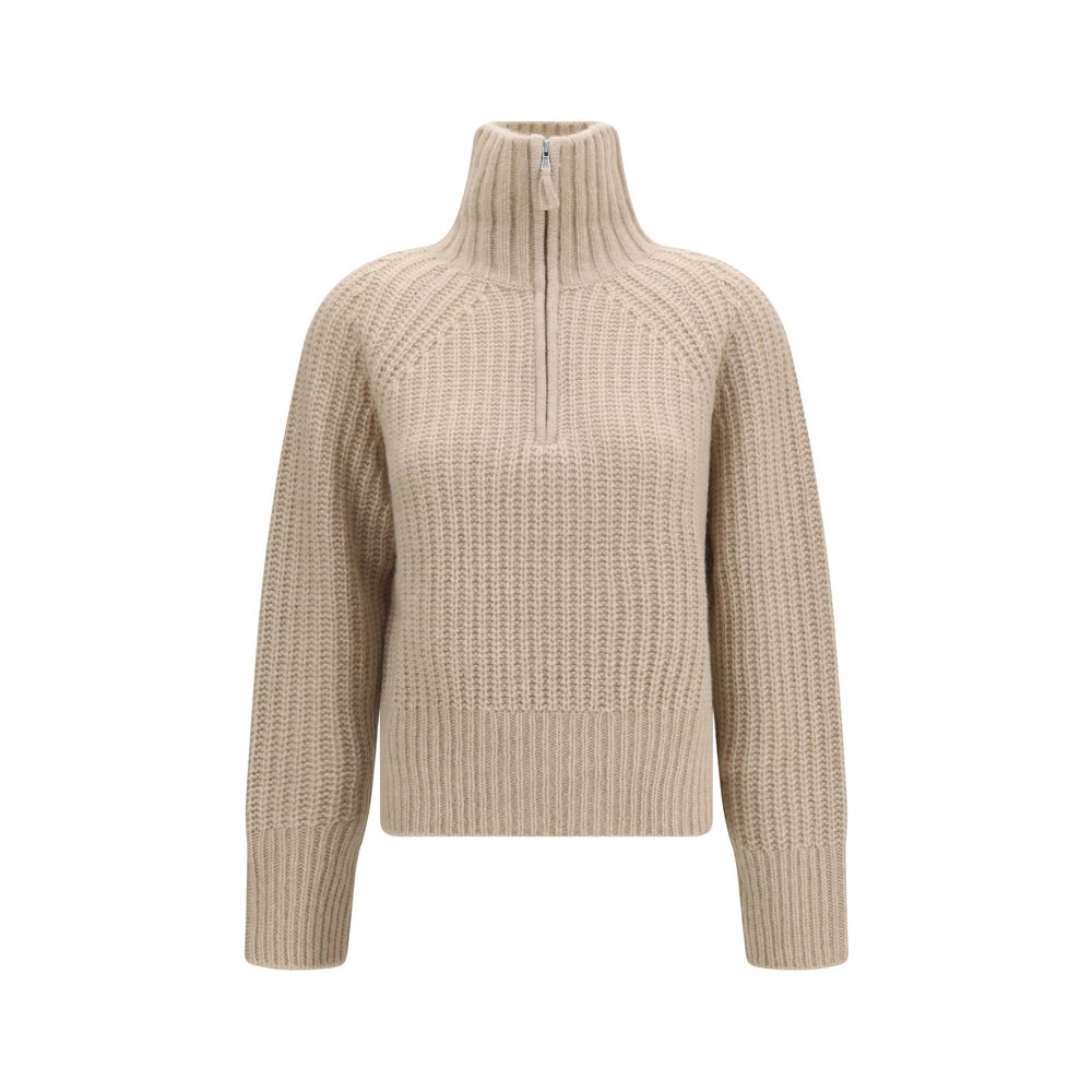 Allude Beige Cashmere Ribbed Troyer Sweater with Zip
