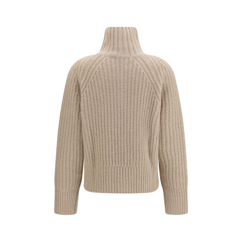 Allude Beige Cashmere Ribbed Troyer Sweater with Zip