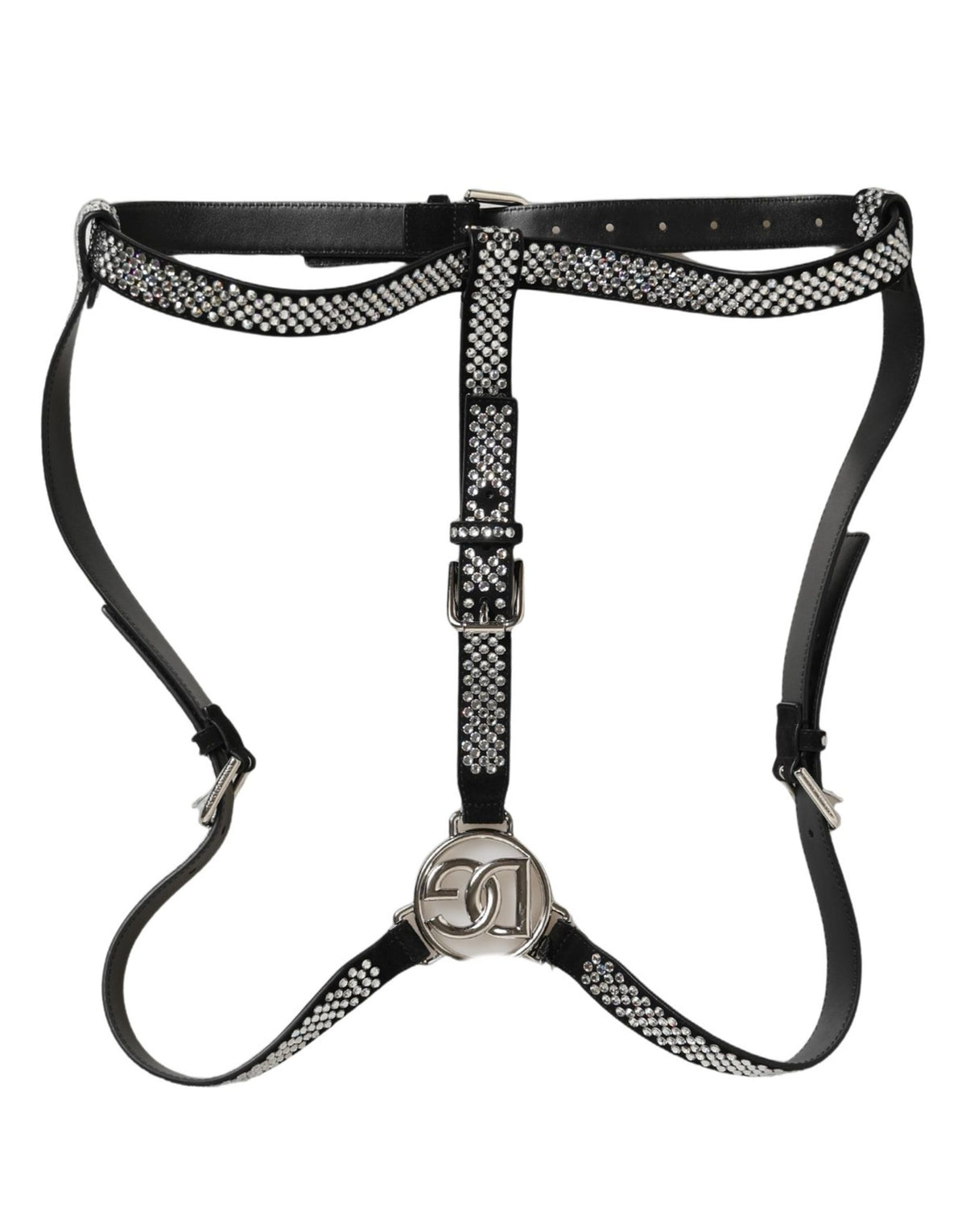 Dolce & Gabbana Black Leather Rhinestones Embellished Men Suspender