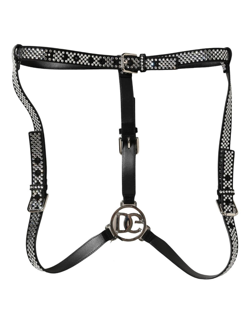 Dolce & Gabbana Black Leather Rhinestones Embellished Men Suspender