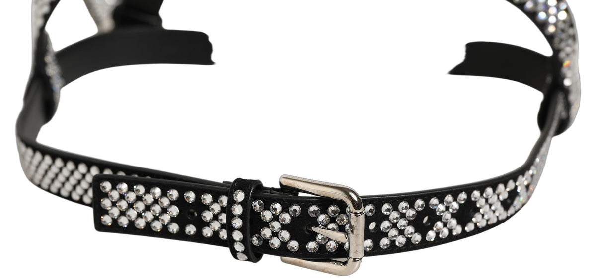 Dolce & Gabbana Black Leather Rhinestones Embellished Men Suspender