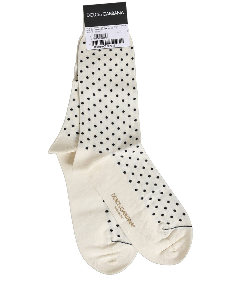 Dolce & Gabbana Off White Cotton Polka Dot Mid Calf Socks