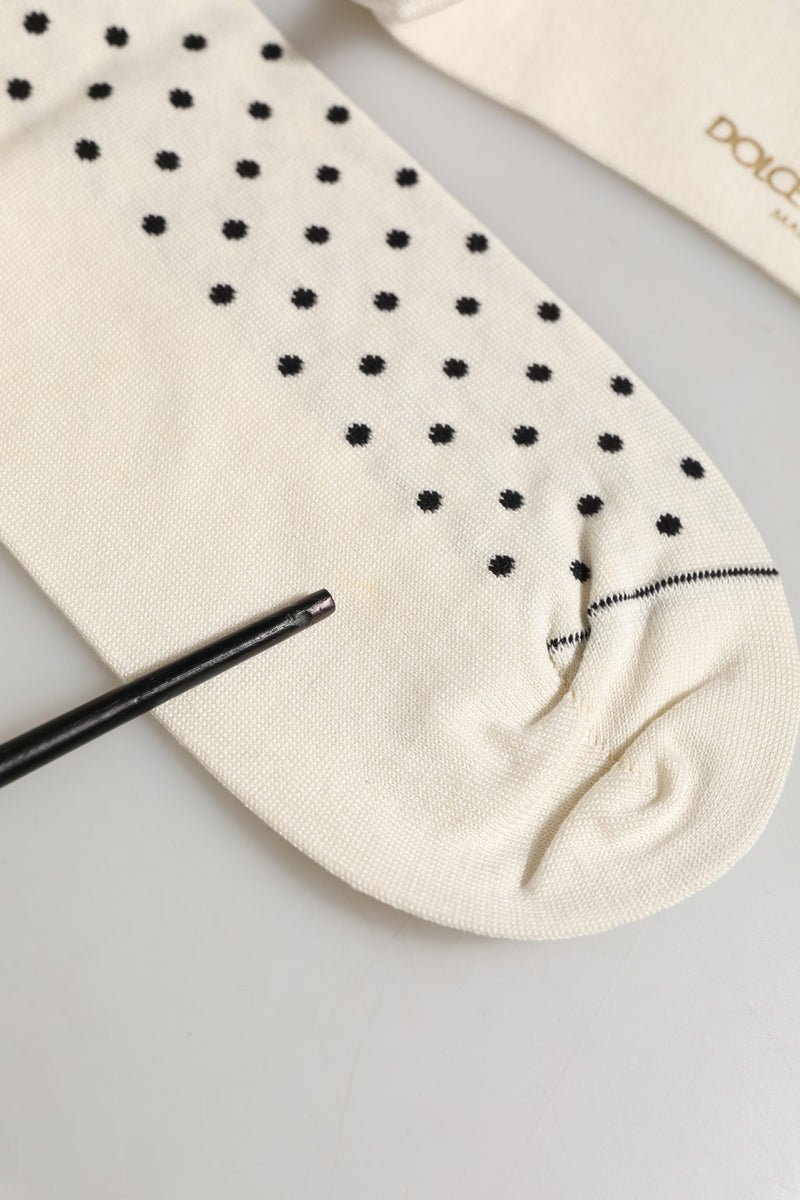 Dolce & Gabbana Off White Cotton Polka Dot Mid Calf Socks
