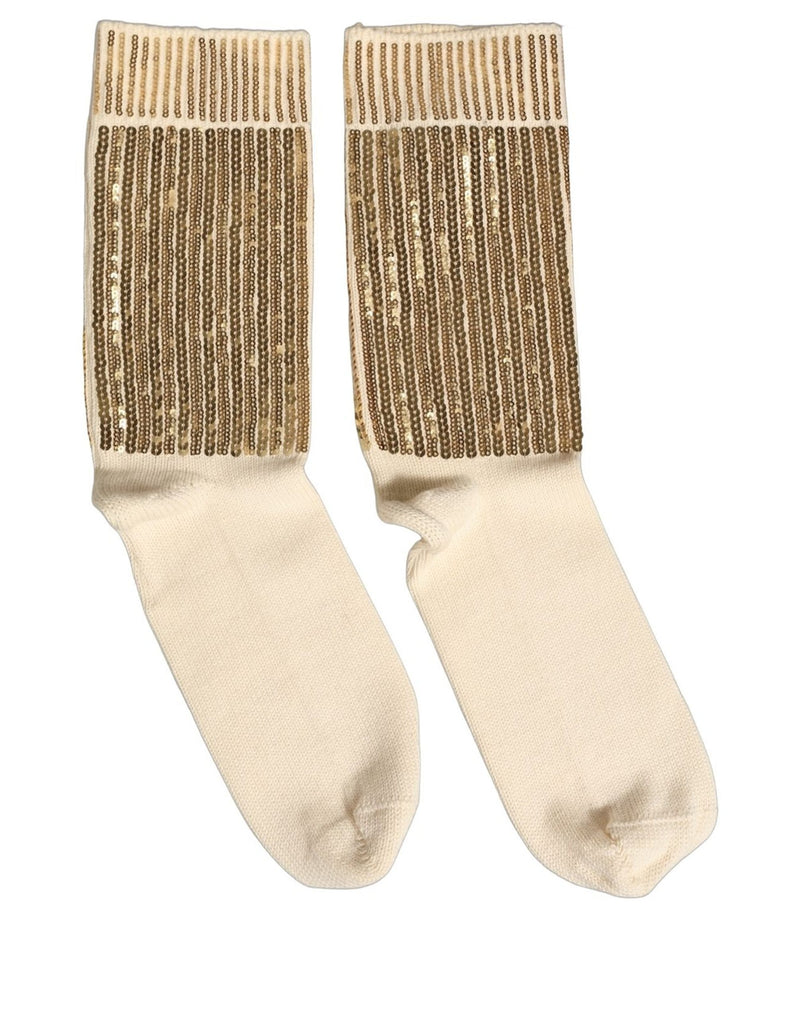Dolce & Gabbana Off White Sequin Cotton Mid Calf Socks