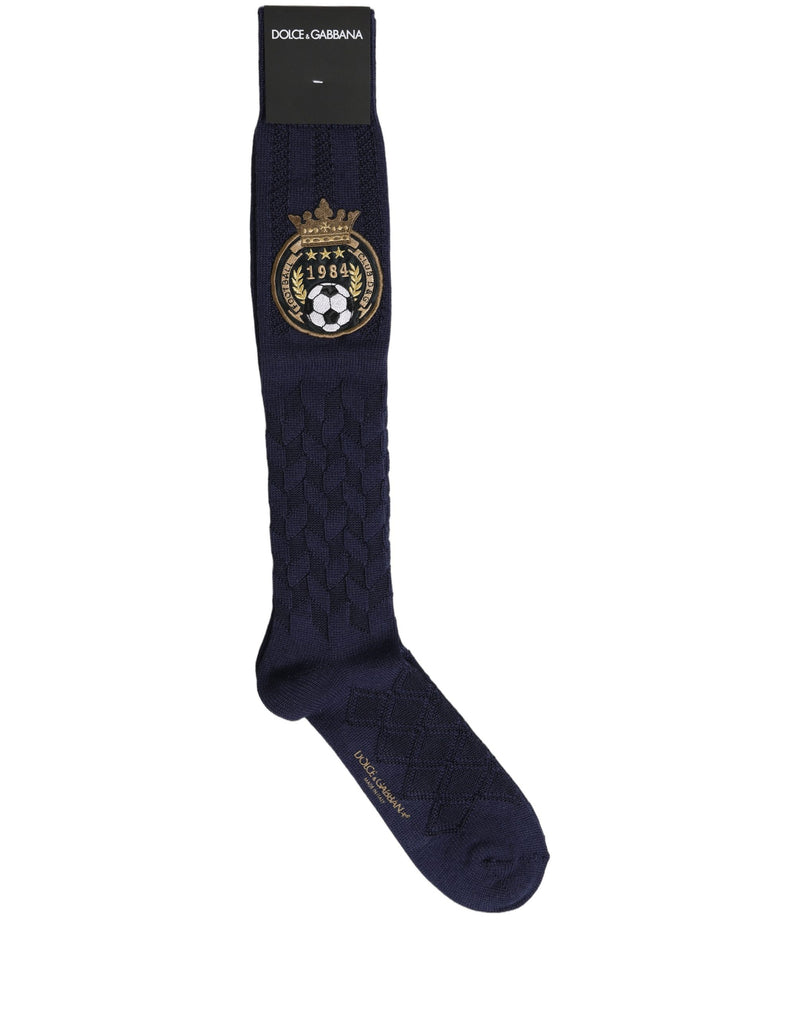 Dolce & Gabbana Navy Blue Wool Crest Logo Knee High Socks