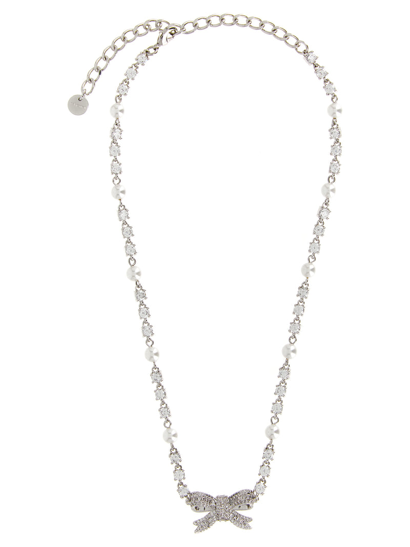 Self-Portrait Silver Brass Necklace - Crystal Pearl Bow Design