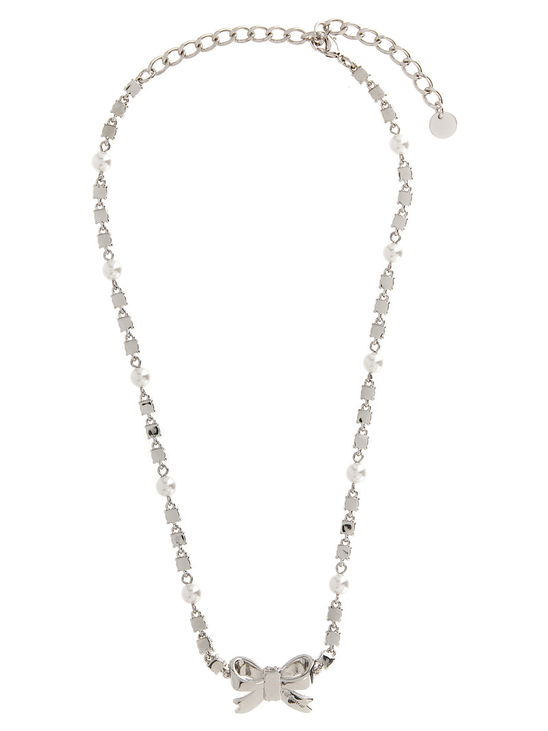 Self-Portrait Silver Brass Necklace - Crystal Pearl Bow Design