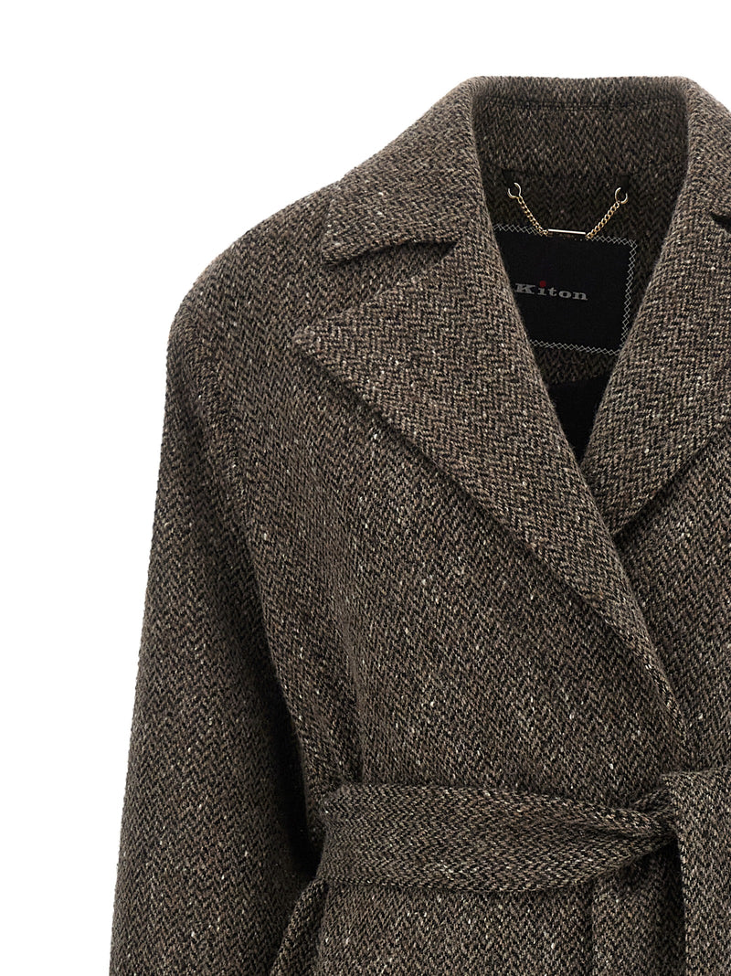 Kiton Brown Virgin Wool Coat - Elegant Robe Silhouette