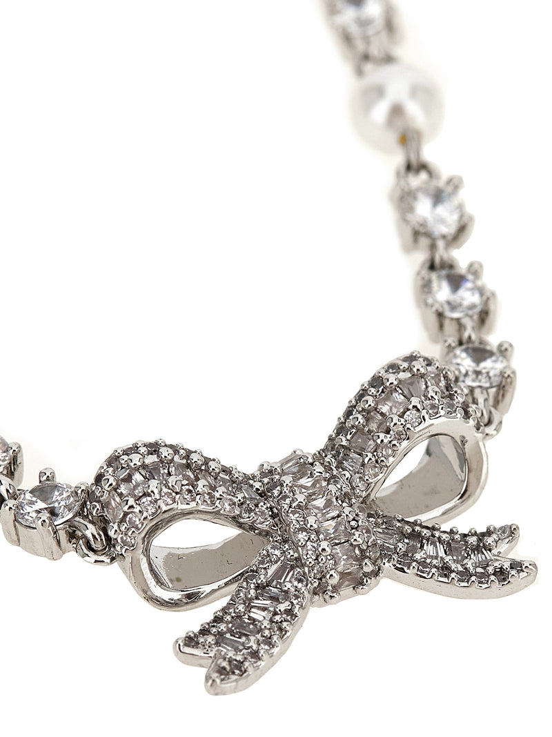 Self-Portrait Silver Brass Necklace - Crystal Pearl Bow Design
