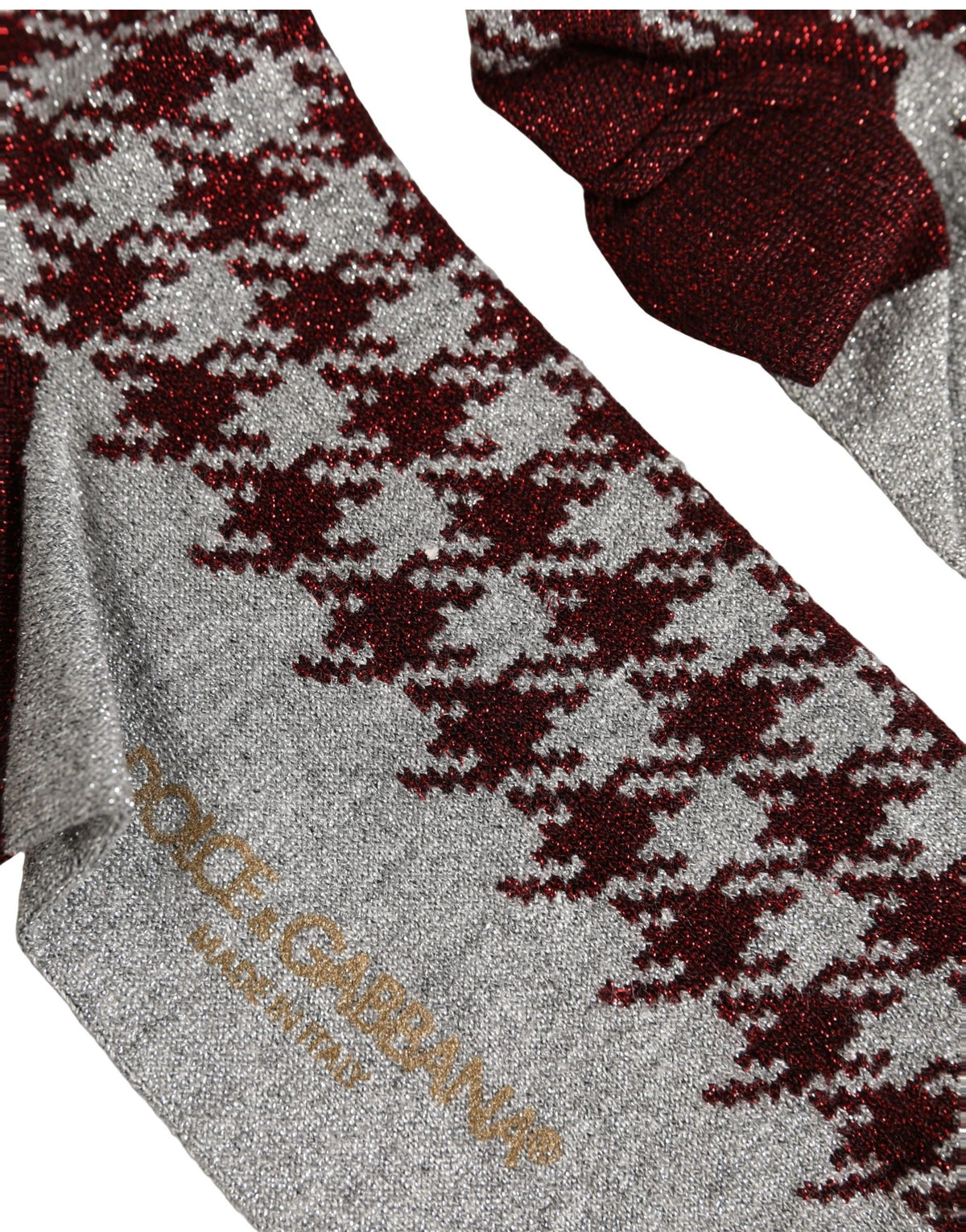 Dolce & Gabbana Maroon Gray Houndstooth Mid Calf Socks