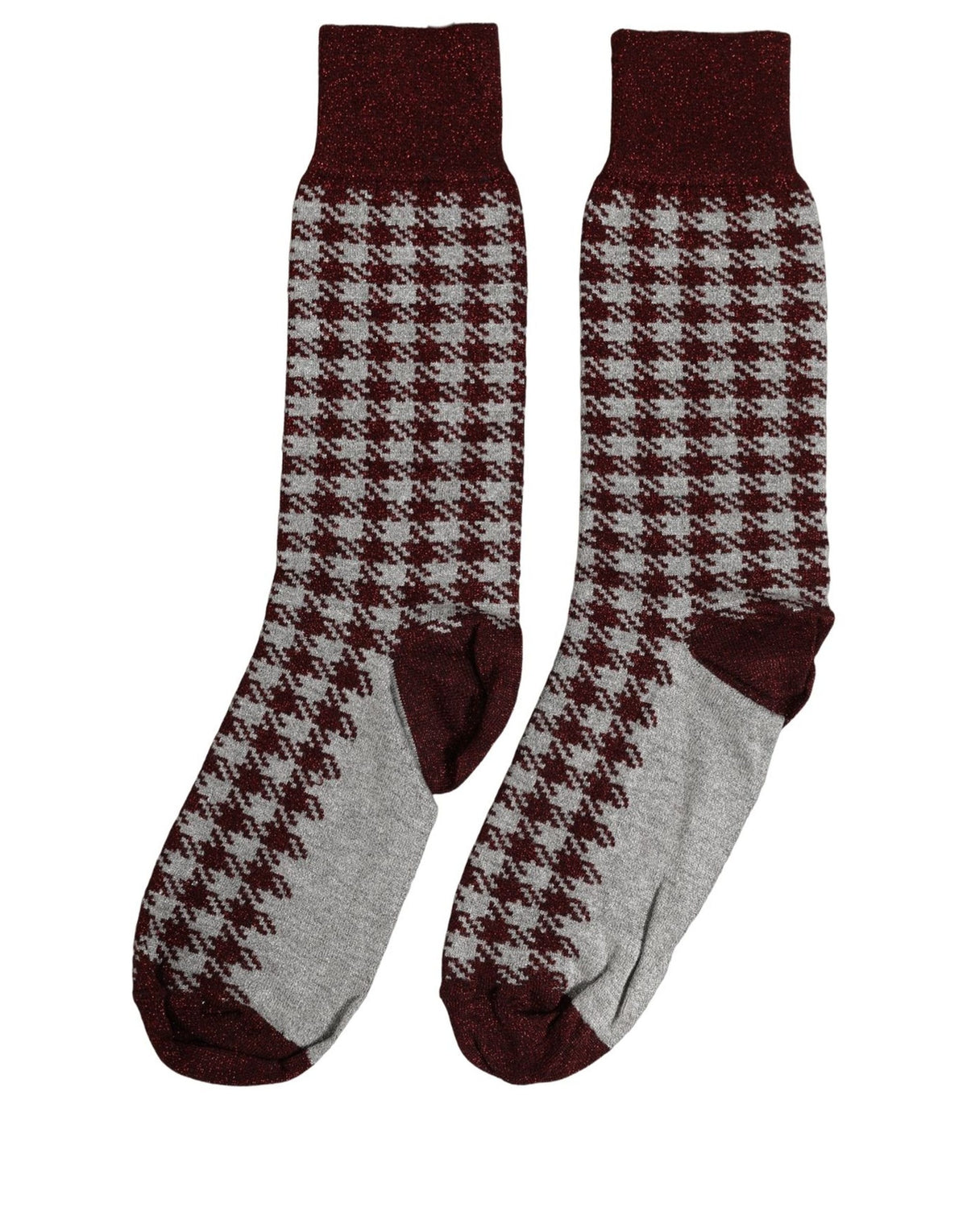 Dolce & Gabbana Maroon Gray Houndstooth Mid Calf Socks