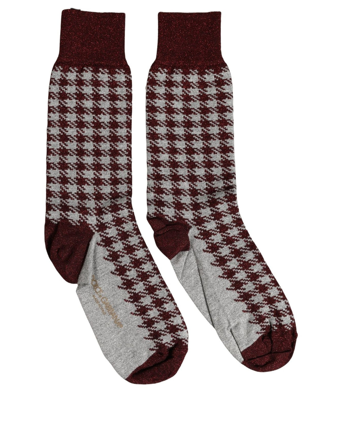 Dolce & Gabbana Maroon Gray Houndstooth Mid Calf Socks