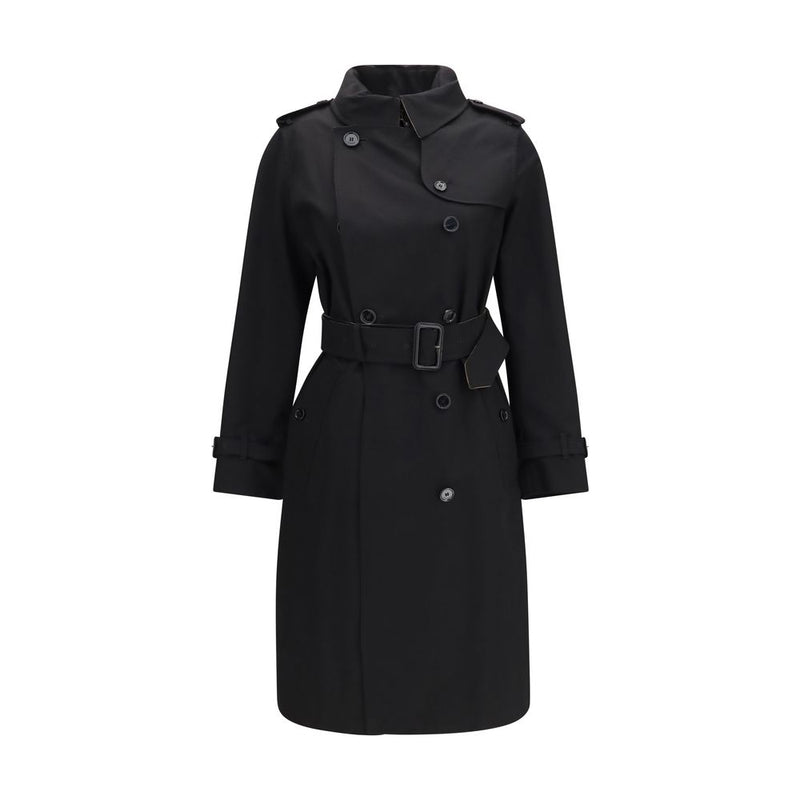 Burberry Black Cotton Trench Coat with Check Collar