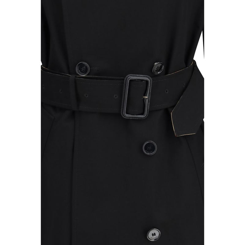 Burberry Black Cotton Trench Coat with Check Collar