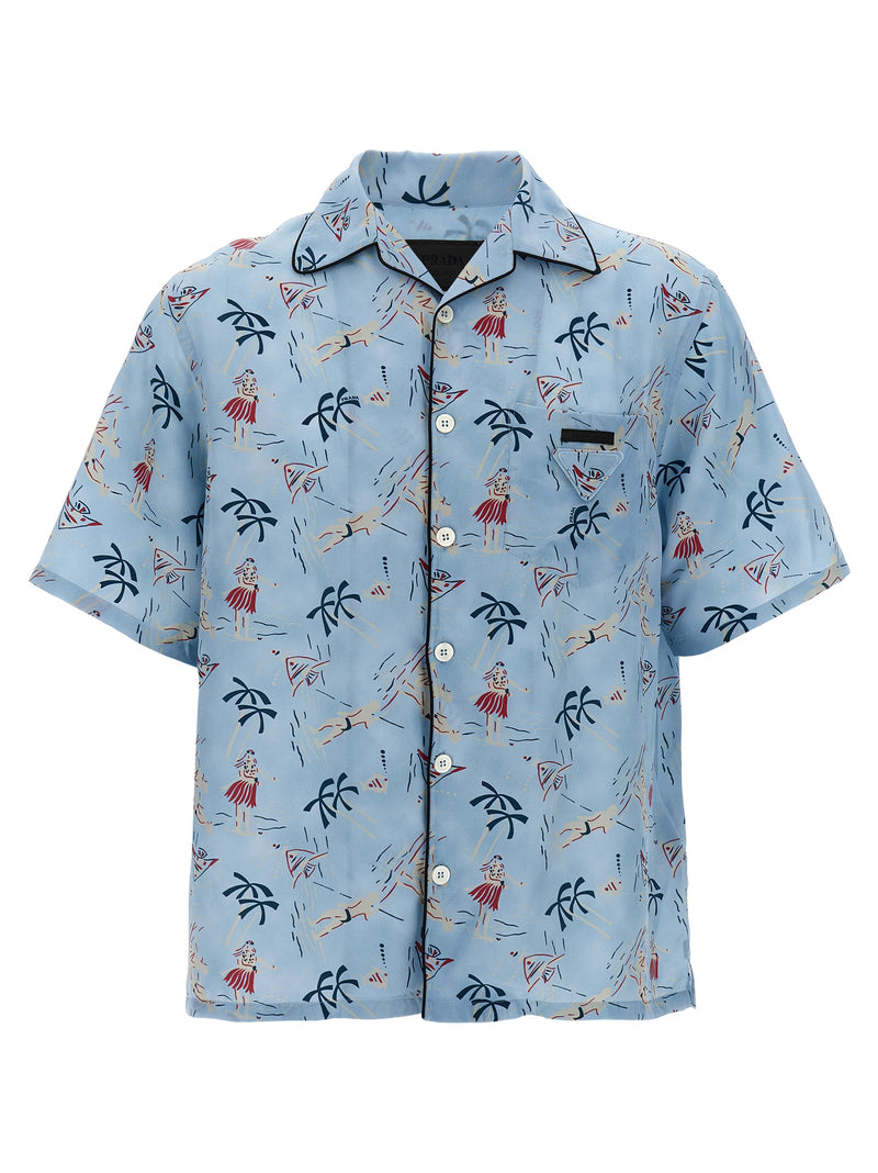 Prada Blue Viscose Blouse with Vintage Hawaii Print