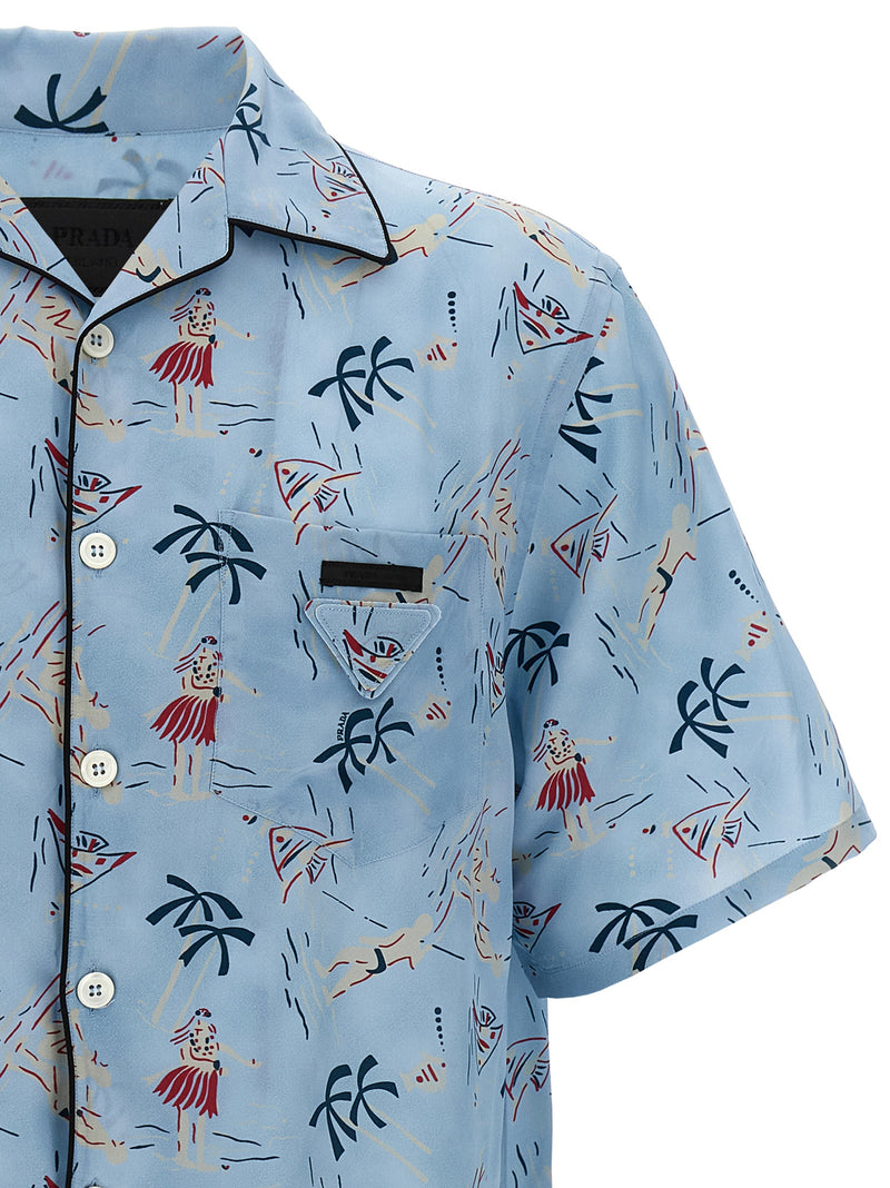 Prada Blue Viscose Blouse with Vintage Hawaii Print
