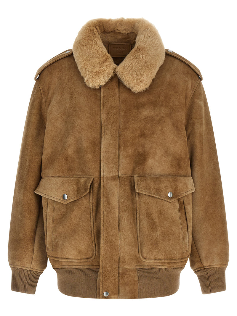 Prada Beige Lamb Leather Bomber Jacket
