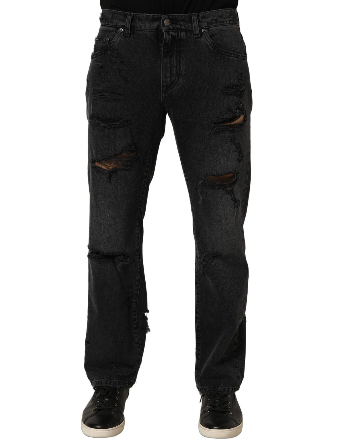 Dolce & Gabbana Dark Gray Ripped Cotton Denim Jeans for Men