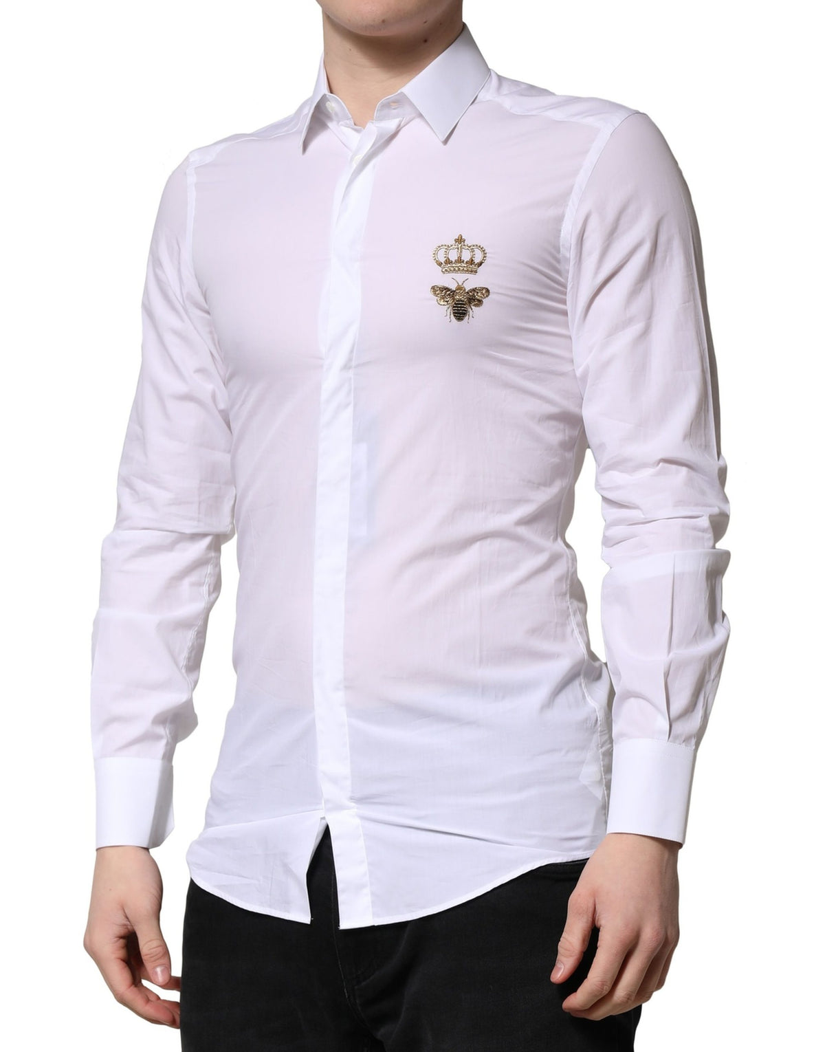 Dolce & Gabbana White GOLD Crown Bee Cotton Formal Dress Shirt