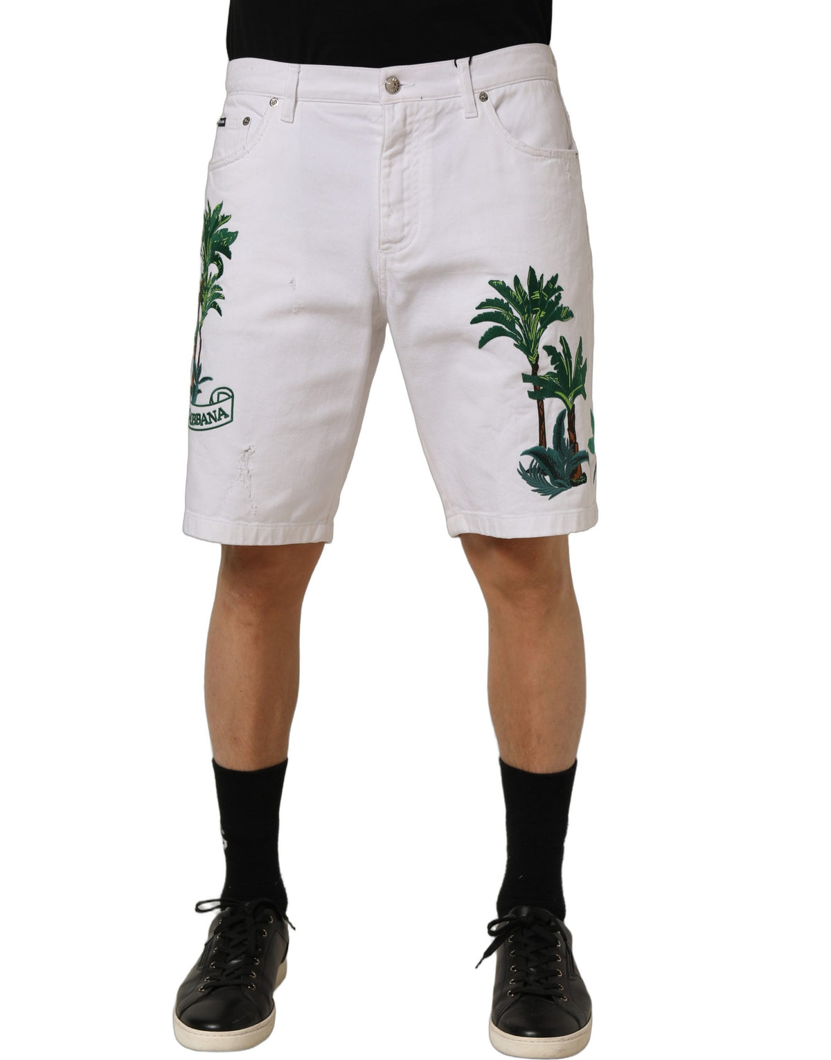 Dolce & Gabbana White Palm Embroidery Denim Bermuda Shorts