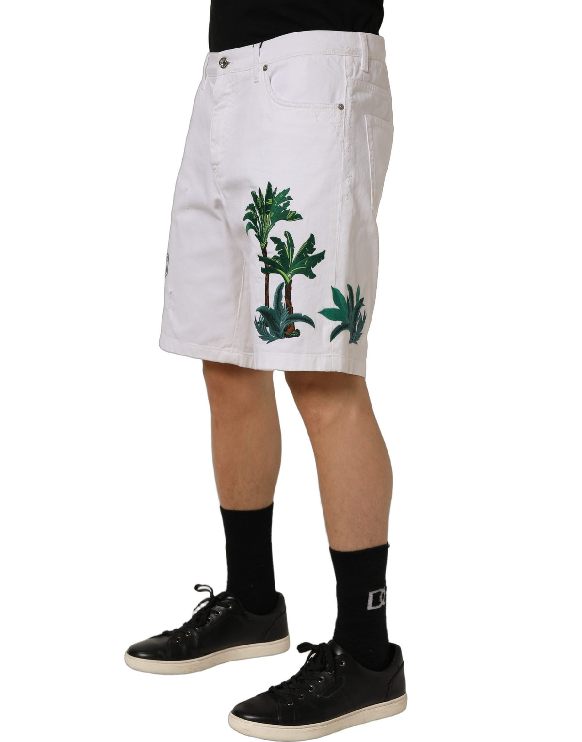 Dolce & Gabbana White Palm Embroidery Denim Bermuda Shorts