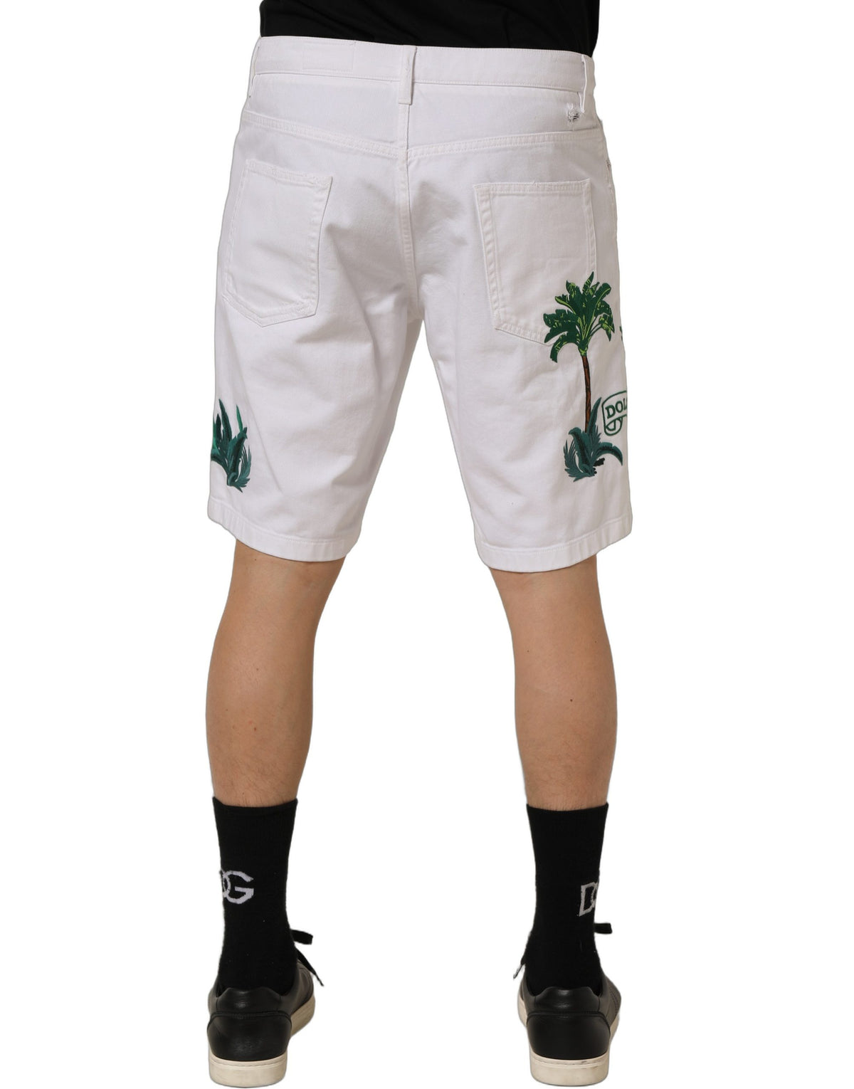 Dolce & Gabbana White Palm Embroidery Denim Bermuda Shorts