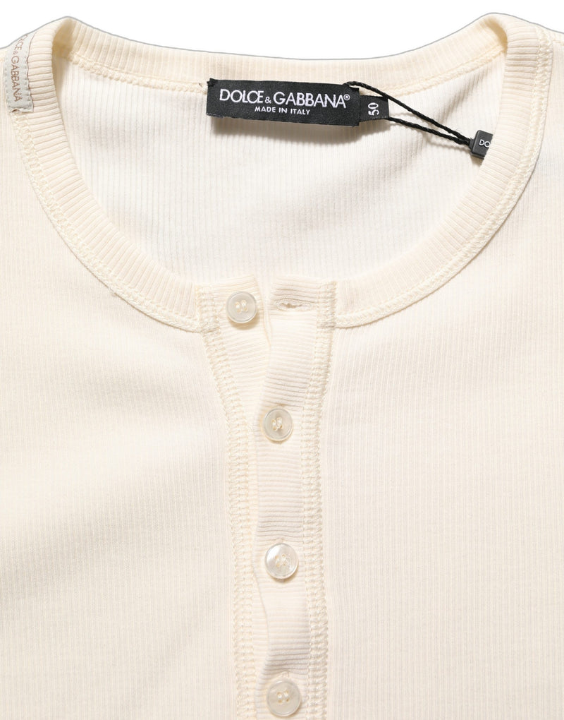 Dolce & Gabbana Off White Cotton Henley Long Sleeve T-shirt