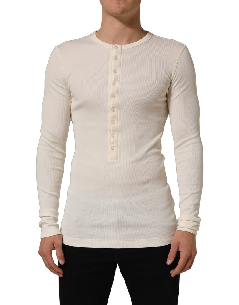 Dolce & Gabbana Off White Cotton Henley Long Sleeve T-shirt