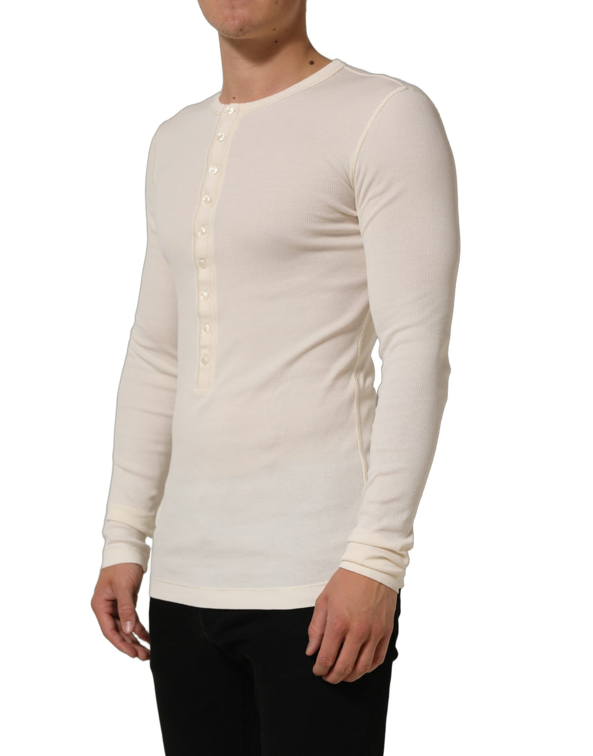 Dolce & Gabbana Off White Cotton Henley Long Sleeves T-shirt