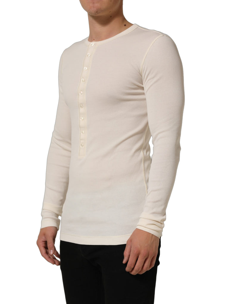 Dolce & Gabbana Off White Cotton Henley Long Sleeve T-shirt