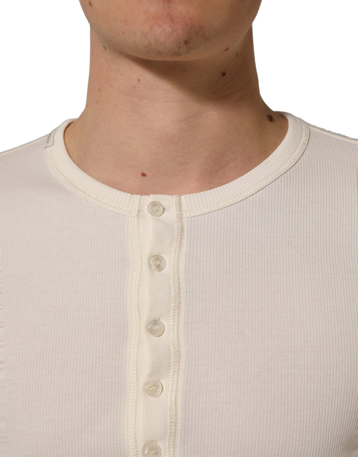 Dolce & Gabbana Off White Cotton Henley Long Sleeves T-shirt