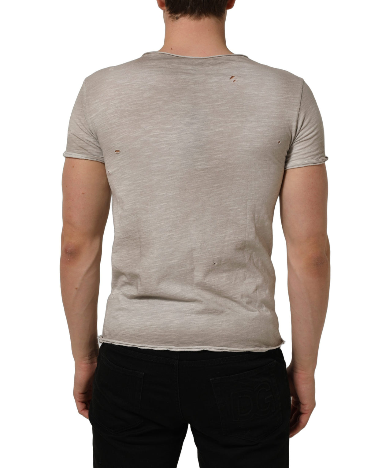 Dolce & Gabbana Light Gray Graphic Print Distressed T-shirt
