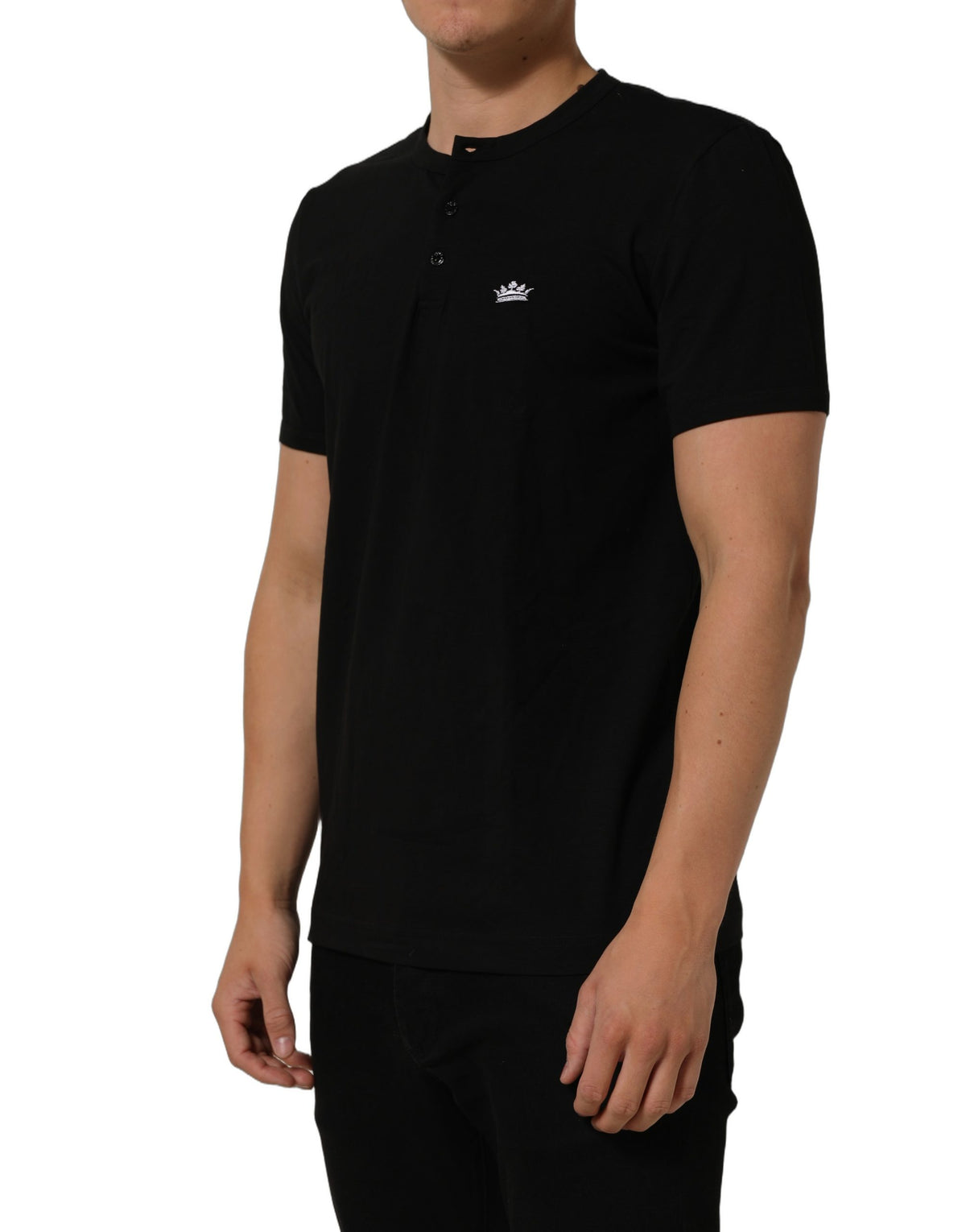 Dolce & Gabbana Black Crown Short Sleeved Henley Men T-shirt