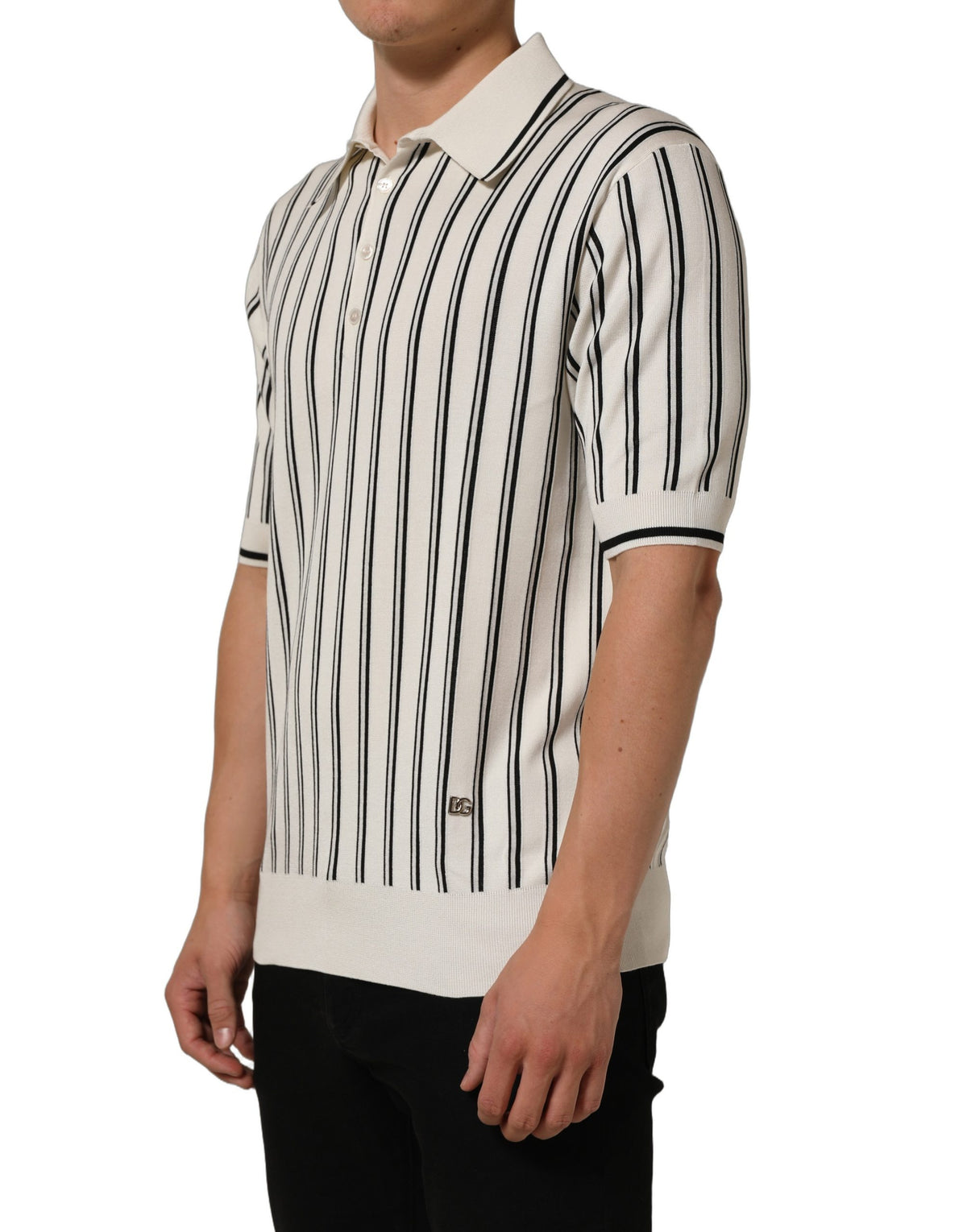 Dolce & Gabbana White Black Stripe Collared Polo T-shirt