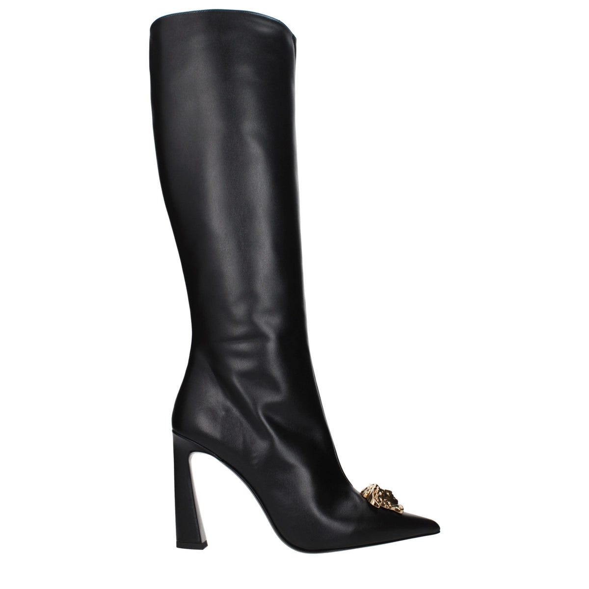 Bottes en Cuir Noir à Talons Hauts Versace