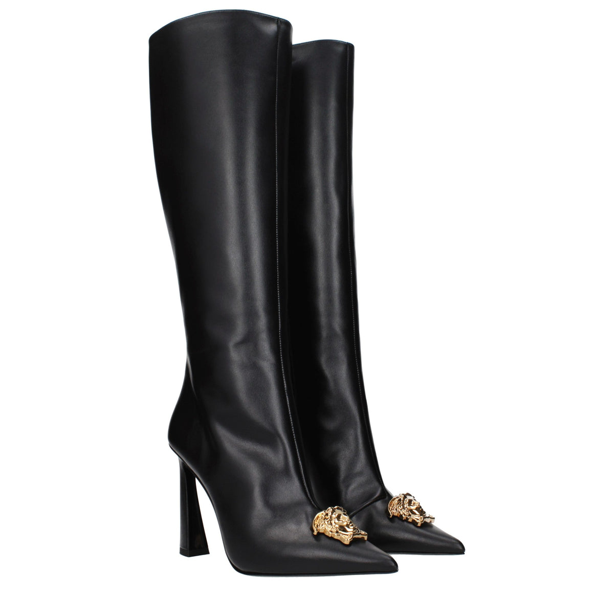 Bottes en Cuir Noir à Talons Hauts Versace