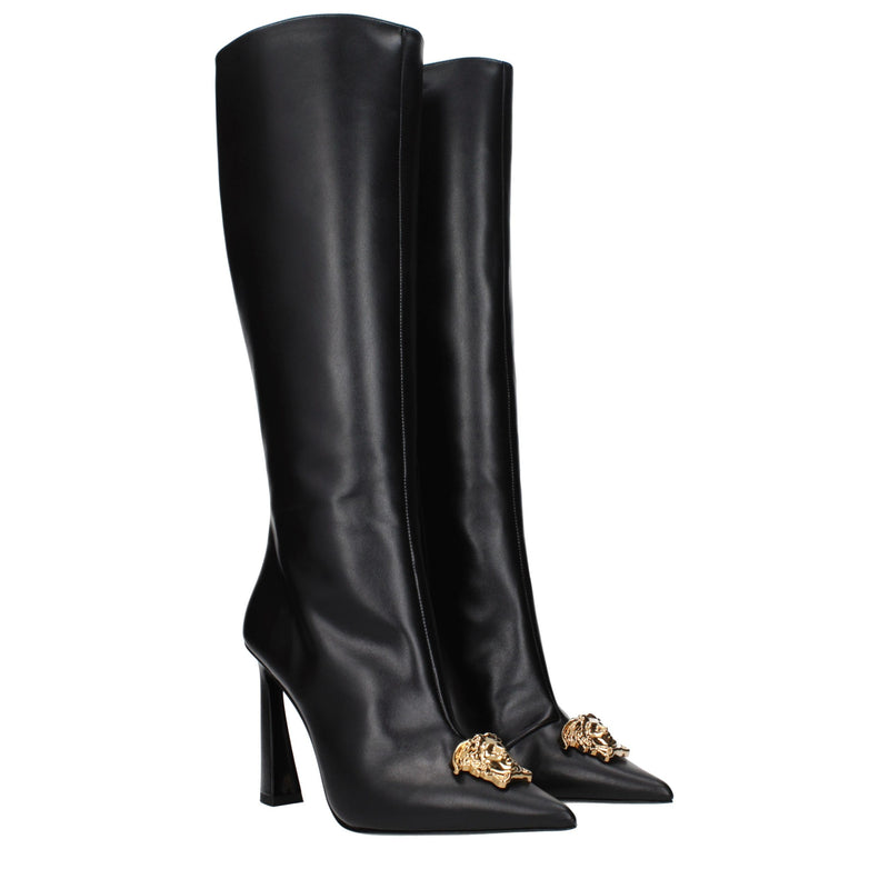 Bottes en Cuir Noir à Talons Hauts Versace