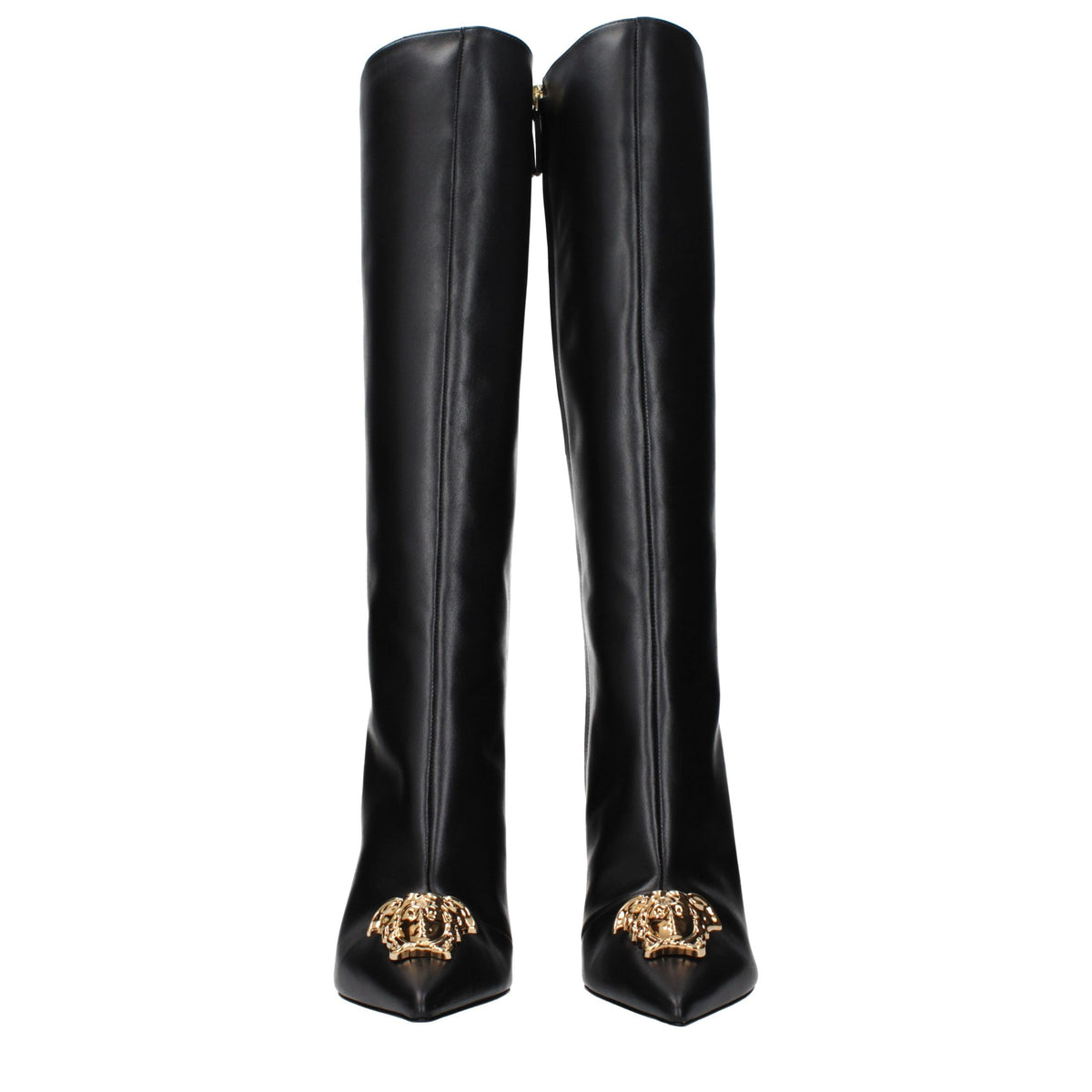 Bottes en Cuir Noir à Talons Hauts Versace