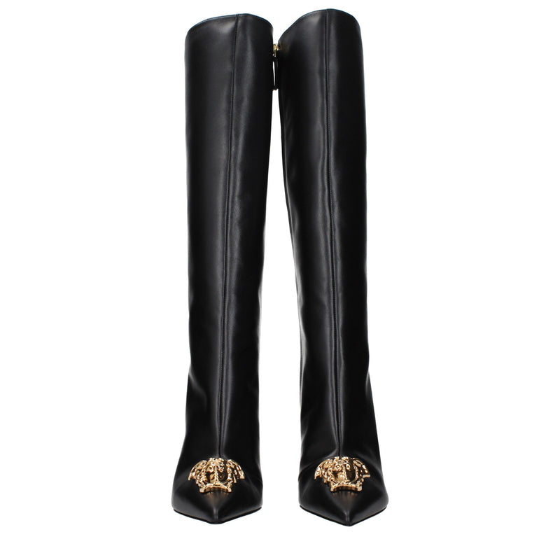 Bottes en Cuir Noir à Talons Hauts Versace