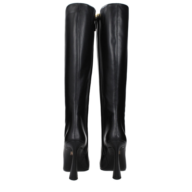 Bottes en Cuir Noir à Talons Hauts Versace