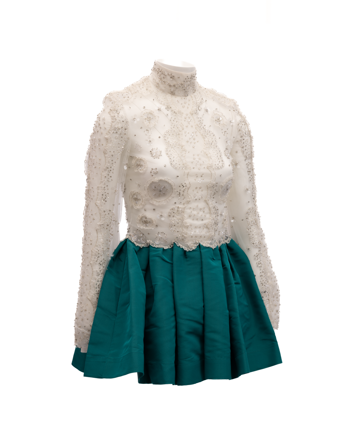 Valentino Garavani White Beaded Lace Mini Dress with Teal Skirt